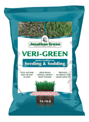 A bag of Veri-Green Starter Fertilizer for Seeding & Sodding. The packaging highlights its benefits, including aiding seed or sod growth, building strong root systems, and providing essential starter fertilizer nutrients.