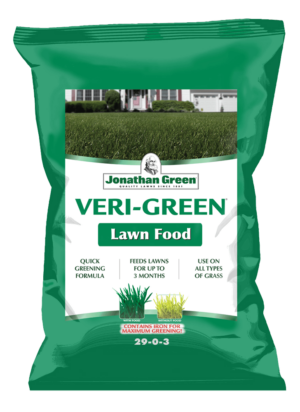 A bag of Veri-Green Nitrogen Rich Lawn Fertilizer designed to feed lawns with a nitrogen-rich, quick greening formula.