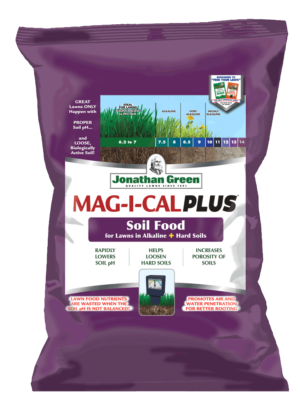 A bag of Jonathan Green Mag-I-Cal® Plus for Lawns in Alkaline & Hard Soil.